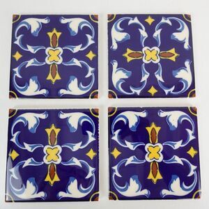 Blue Mexican Ceramic Tile Set of 4 Tiles 4.25" x 4.25'